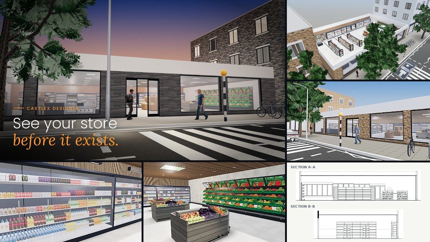 Made in castleX Designer: a shopfront at dusk, an aerial cut-away of the fitted store, the street view, chillers, produce displays and section drawings, all from one model