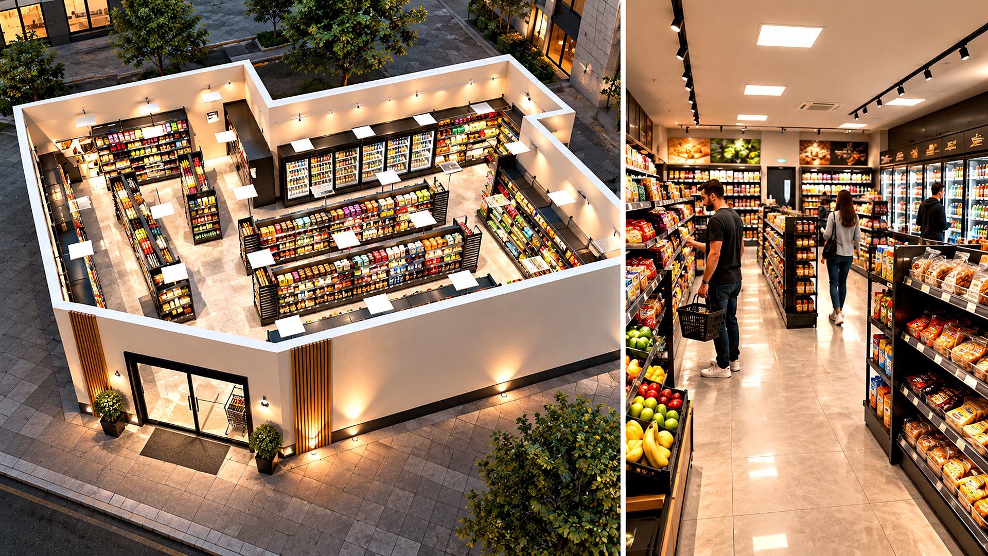 A convenience store designed in castleX Designer: an aerial cut-away of the fitted store at dusk, and the bright shop floor with stocked shelving, chillers, fresh produce and shoppers