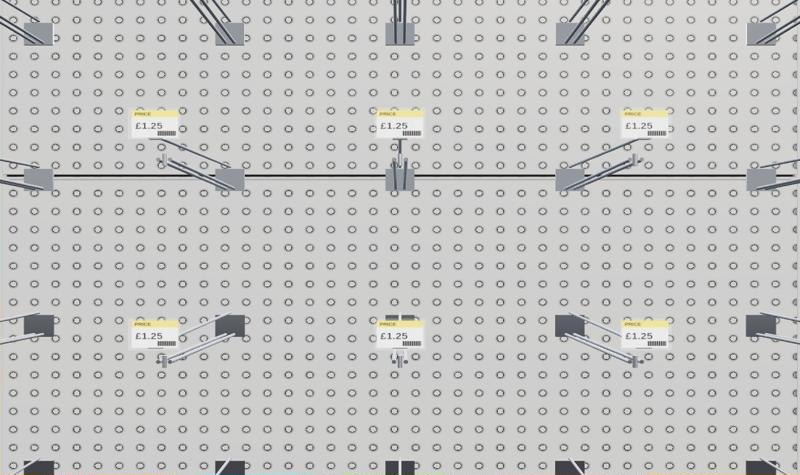 Close-up of stocked shelving in the 3D view: crisps, confectionery and drinks on steel shelves with pegboard back panels